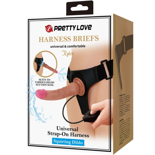 PRETTY LOVE - KYTON UNIVERSAL HARNESS BRIEFS WITH SQUIRTING DILDO 19 CM MULATO